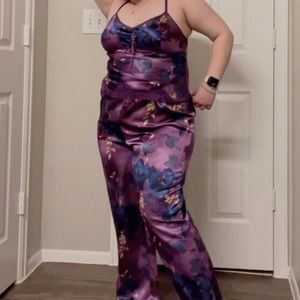 Warner’s Sleepwear Silky Y2K Violet Purple & Blue Floral Lace Trim Sleep Set L